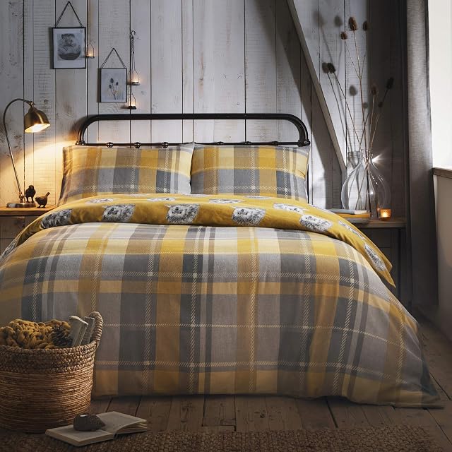 Dreams & Drapes - Colville Check - 100% Brushed Cotton Duvet Cover Set - Double Bed Size in Ochre