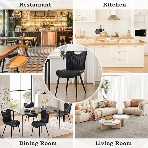 Miniatura 6 de Juego de 2 sillas de comedor tapizadas de cuero, modernas sillas de comedor de cocina de mediados de siglo con patas de metal negro, sillas de