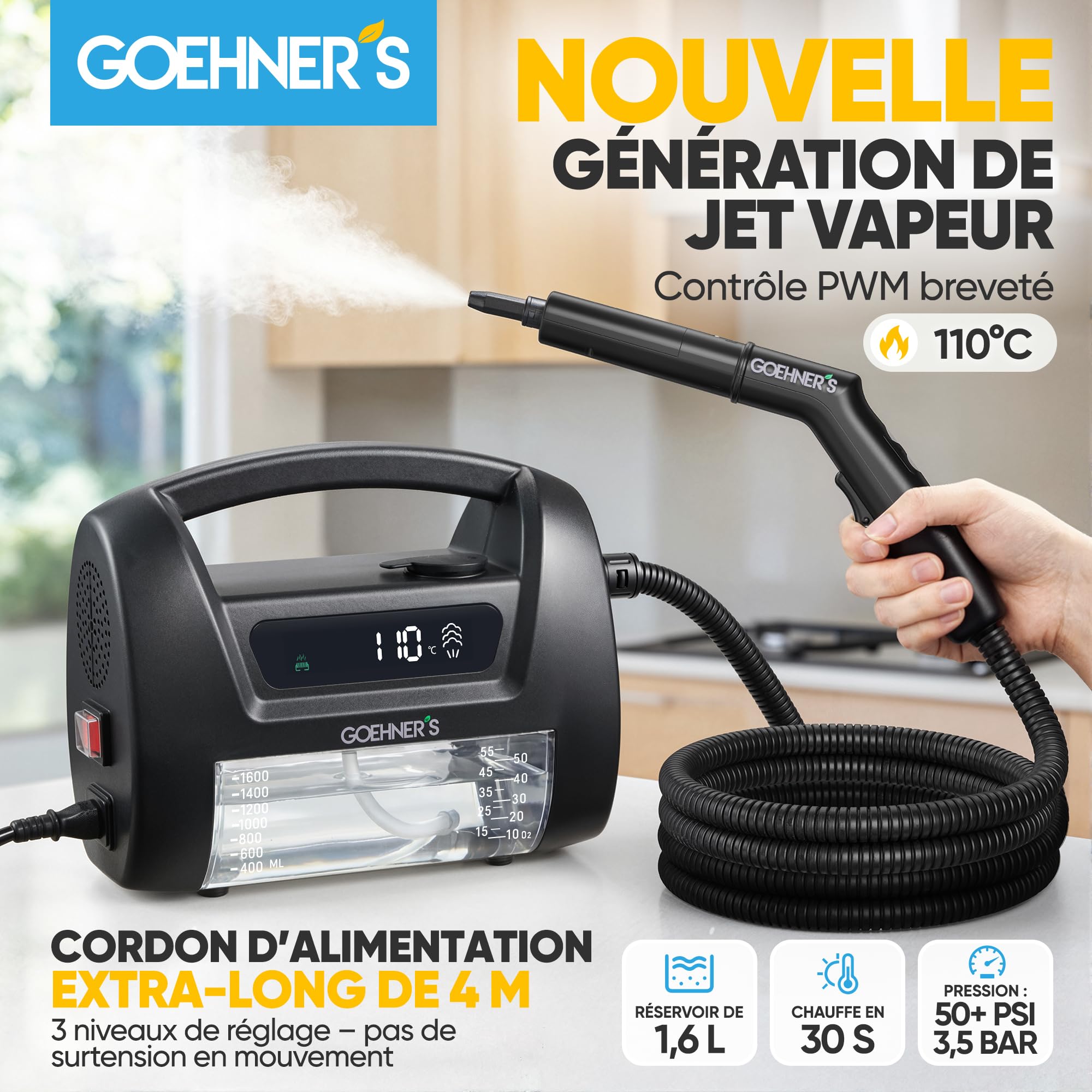 Nettoyeur Vapeur Haute Pression Portable, Appareil à Vapeur 110℃/3,5Bar pour la Maison, Chauffage Rapide 30s avec 3 Niveaux de Vapeur, Convient pour Carrelage, Cuisine, Salle de Bain et Voiture, Noir