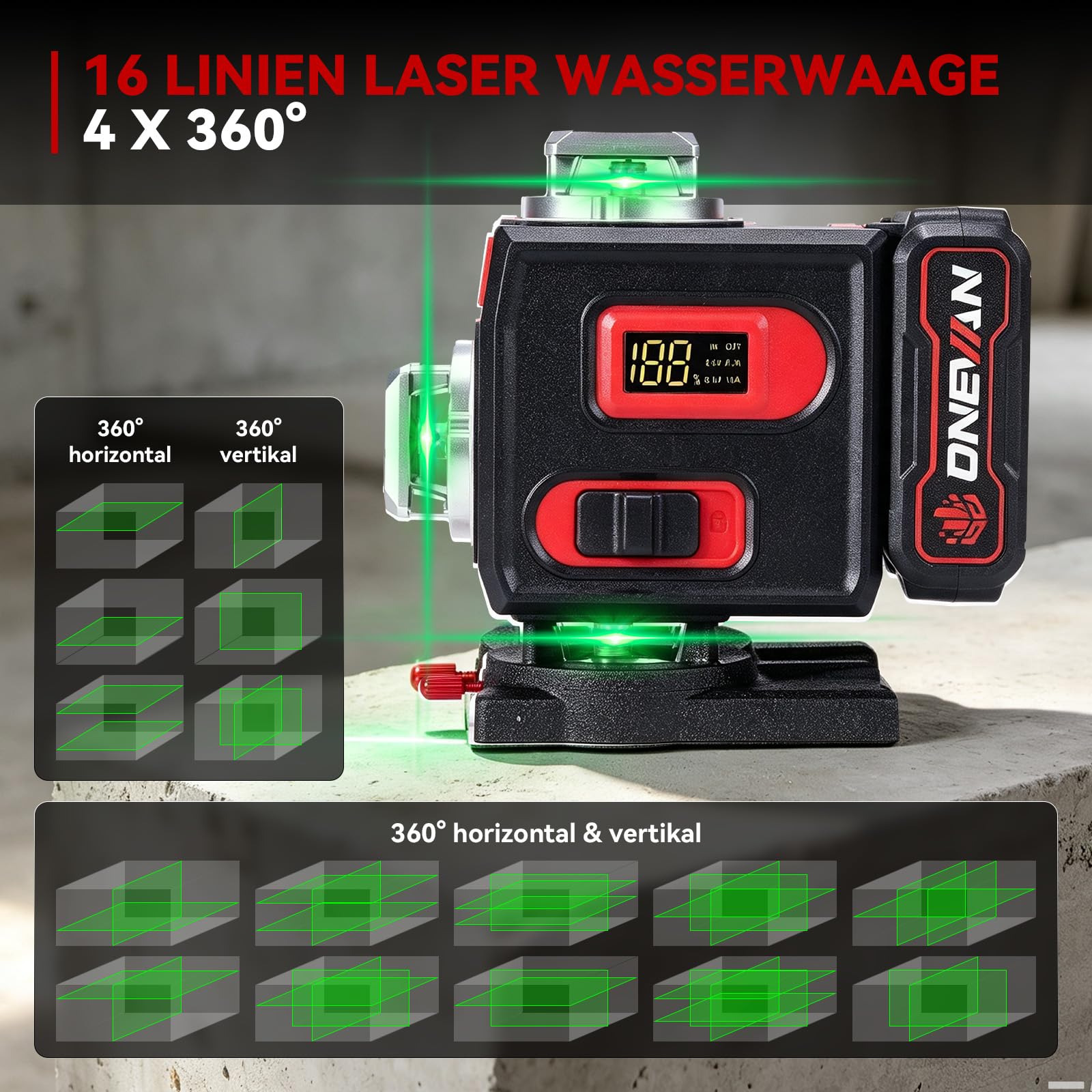 ONEVAN Nivelador Laser con Tripode, Autonivelación, 360° 4D Láser Verde | Autonivelación ±3°, 30m mando a distancia, pantalla LCD, con 2 baterías 4800mAh, para trabajos de montaje y pavimentación