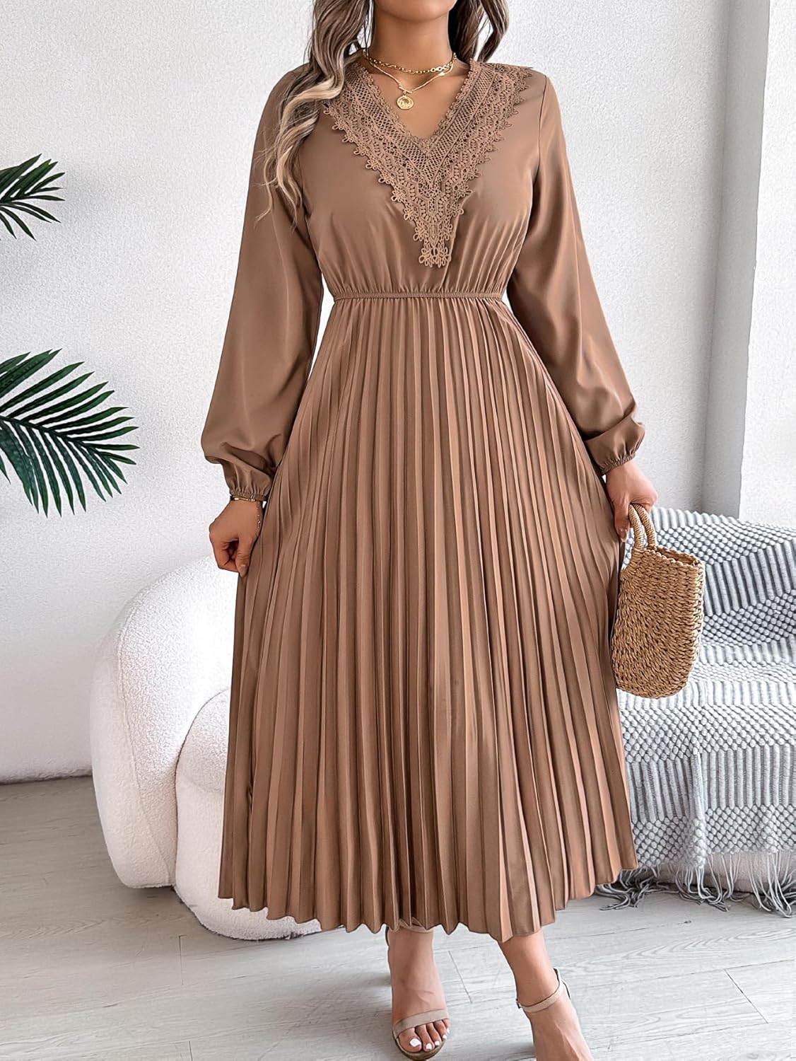 Women's Fall Long Sleeve Midi Dress V Neck Casual Loose Fit Spring Pleated A Line Flowy Vacation Dresses - Image 6