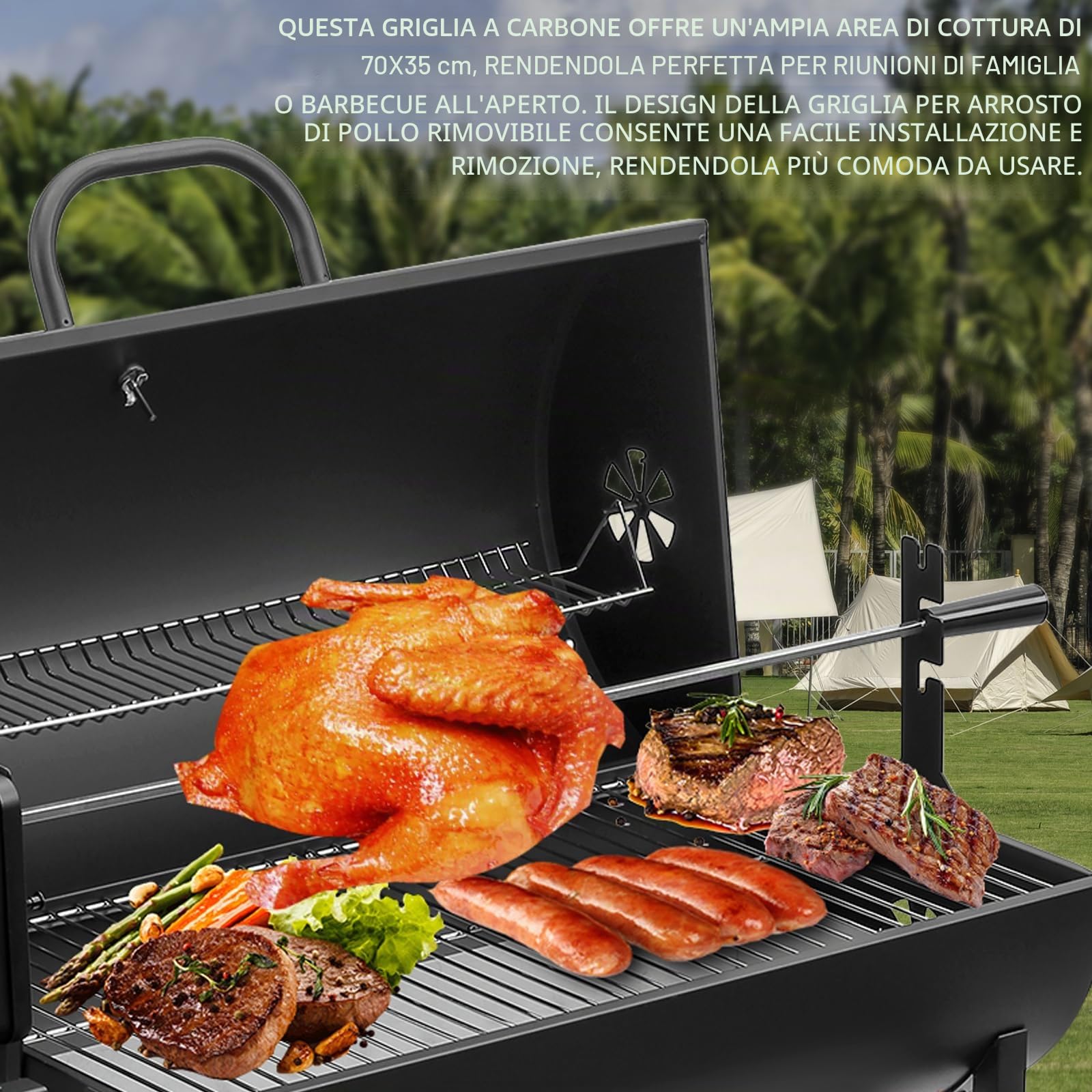 TEENO Barbecue a carbone di legna Upgraded | Grill a carbone con coperchio | Termometro, cassetto cenere, guanti anti-scottature, sfiato regolabile | with 2*apron and Chicken Grill