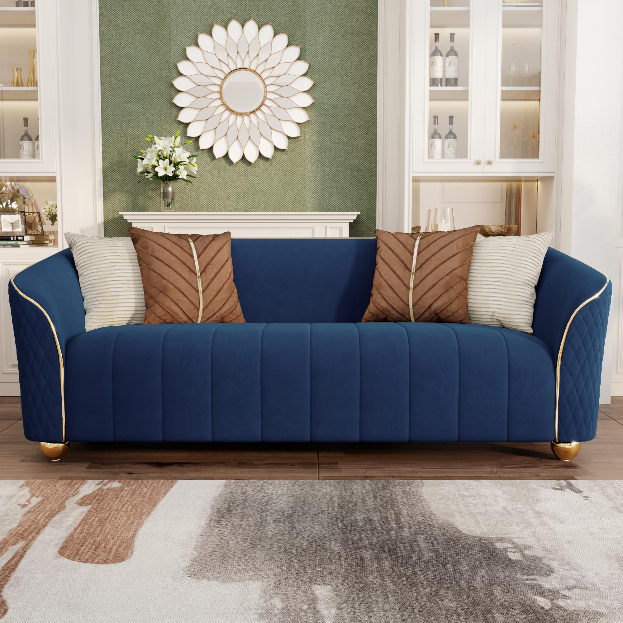 Luxury 3 Seater Retro Velvet Sofa Couch, 86" Comfy Upholstered Velvet Loveseat with Gold Metal Legs and Pillows, Curved Sectional Sofa Couch for