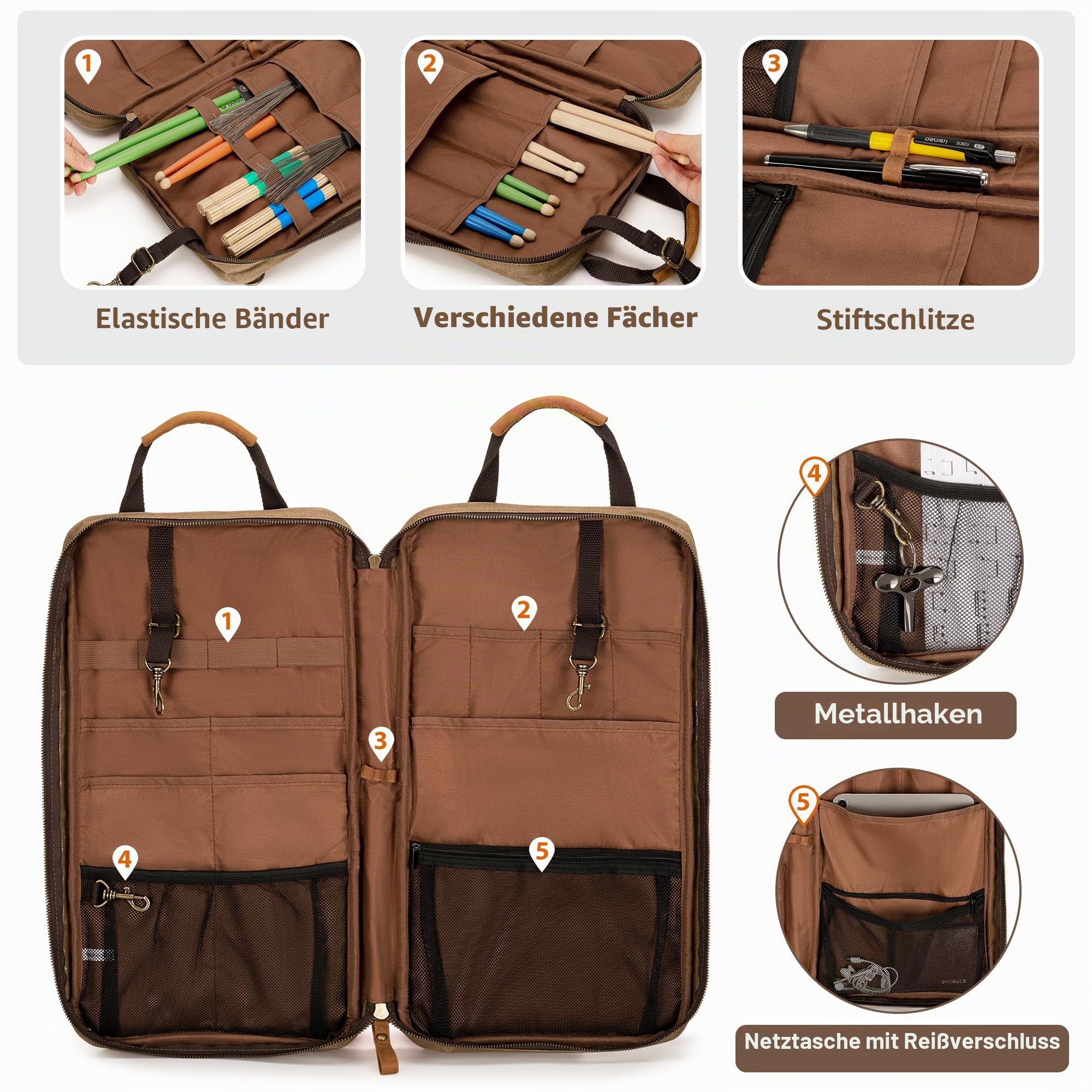 Damero Trommelstocktasche aus gewachstem Canvas, Mallet Aufbewahrungstasche mit Griff und abnehmbarem Schulterriemen, Stocktasche für Schlagzeuger, Anfänger Bands Drummer, Gigs