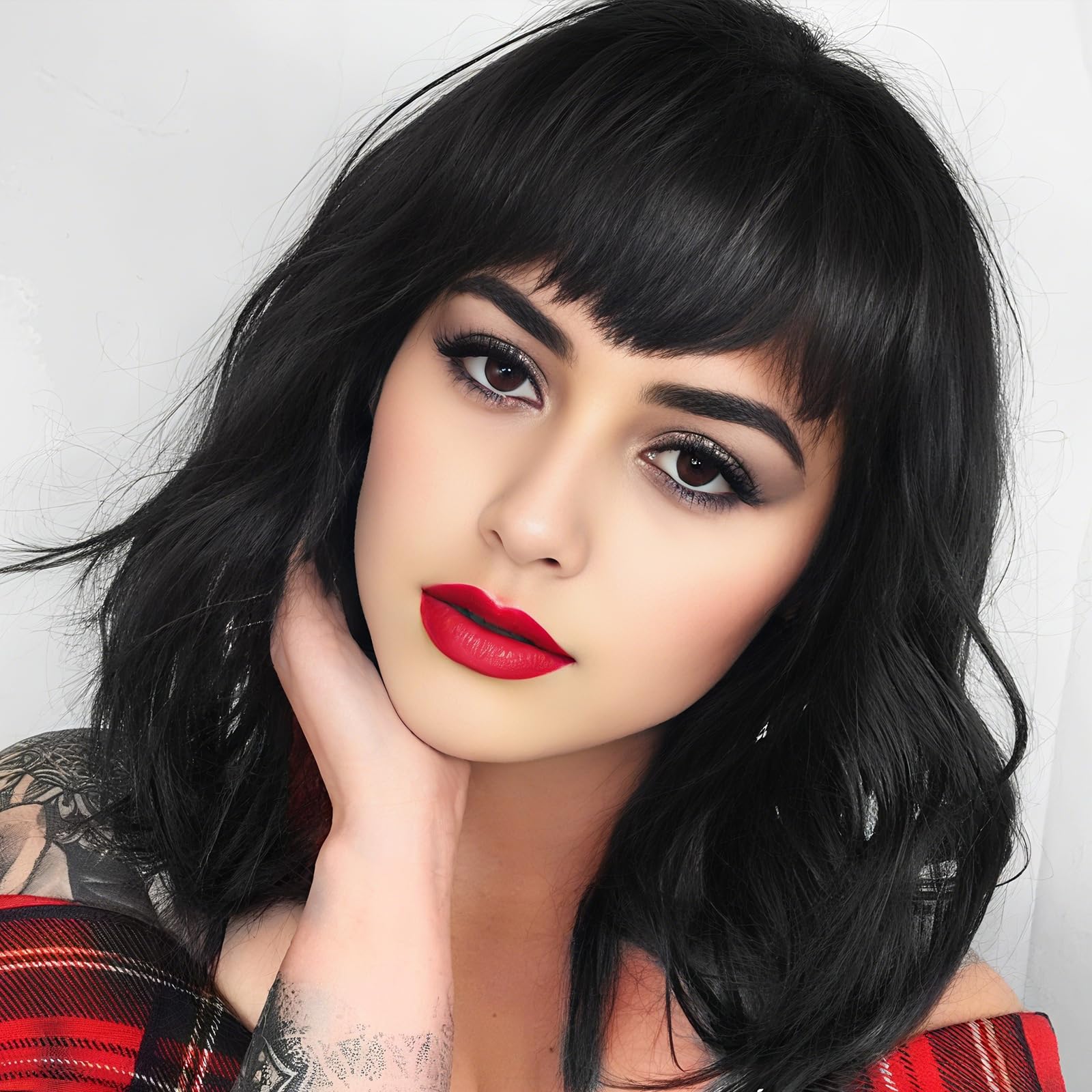 BUYOGET Wavy Bob Wig with Bangs Natural Black Synthetic Hair Shoulder Length 12 Inch Short Curly Wigs for Women