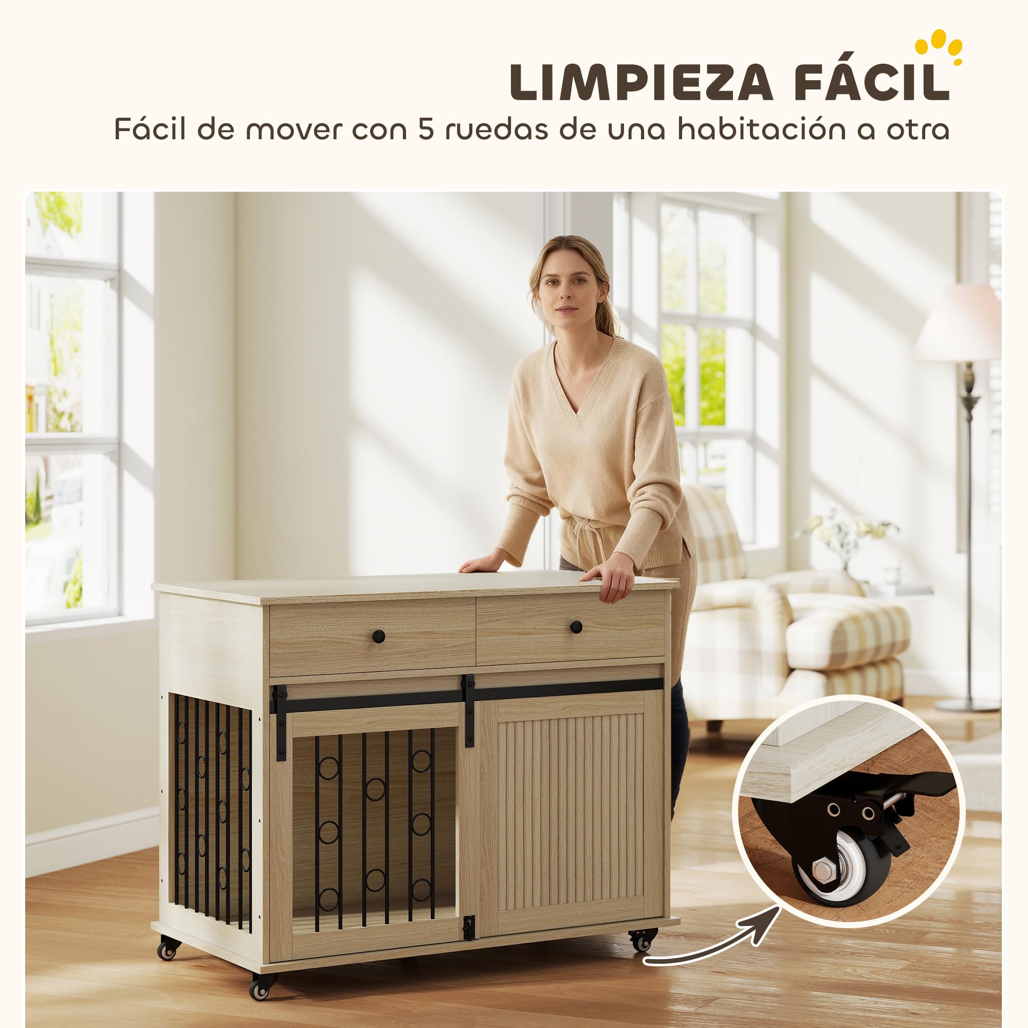PawHut Jaula para Perros con Ruedas, Mesa Auxiliar, Casa para Mascotas Moderna con 2 Cajones, 2 Puertas y Cierre, para Perros Medianos y Grandes, 100x56x81 cm, Roble