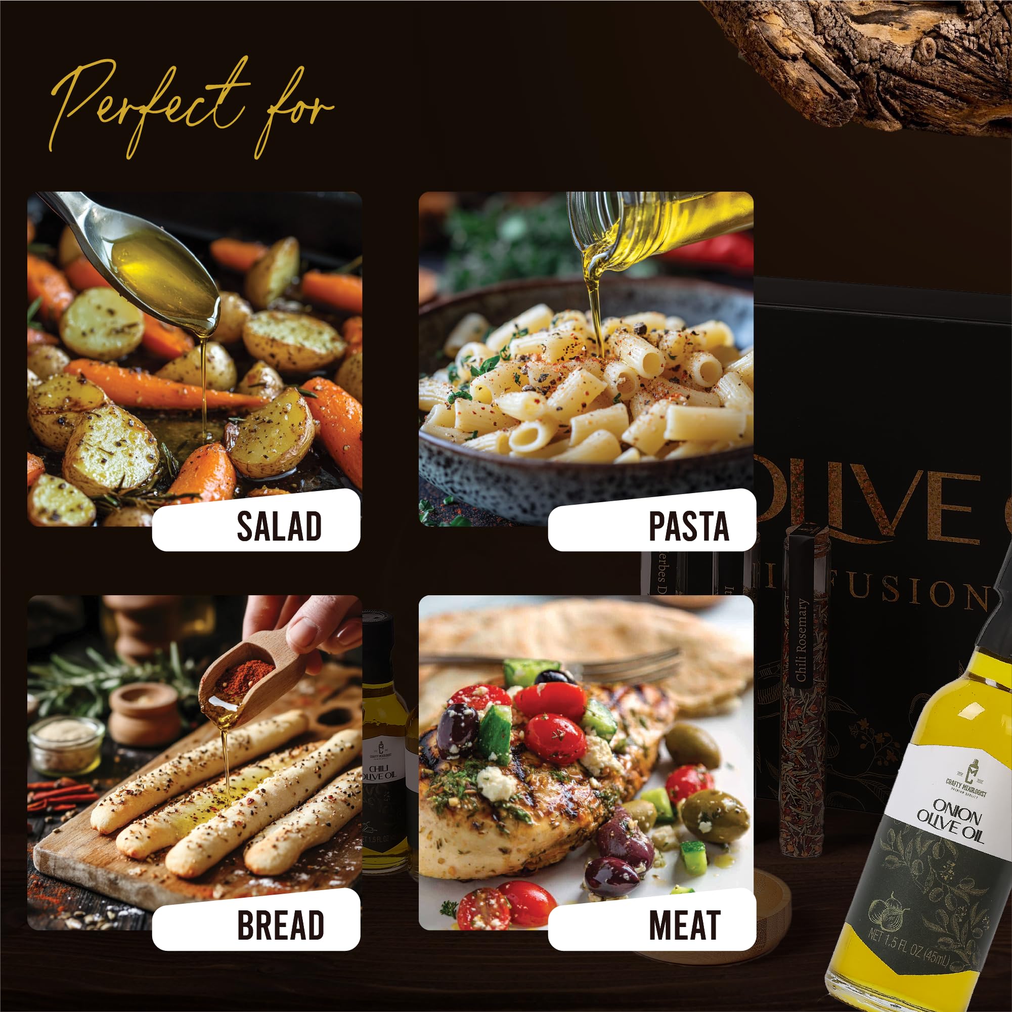 Infused Olive Oil Gift Set – Variety Pack - 4 Flavored Olive Oil Extra Virgin, 3 Spice Flavorful Infusion Blends, Bread Dipping Bowl & Recipe Booklet - Set of 8 – Gourmet Cooking Gifts for Women - Mothers Day Gifts For Mom