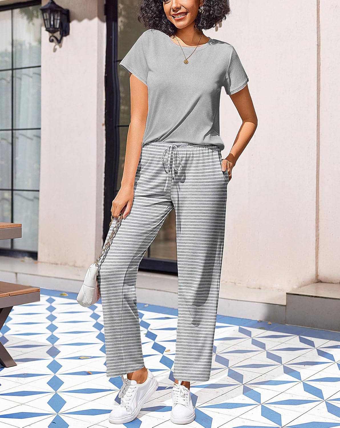 Ekouaer Pajama Sets for Women Round Neck Pjs Short Sleeve Sleepwear with Long Pants Loose Lounge Sets - Image 3