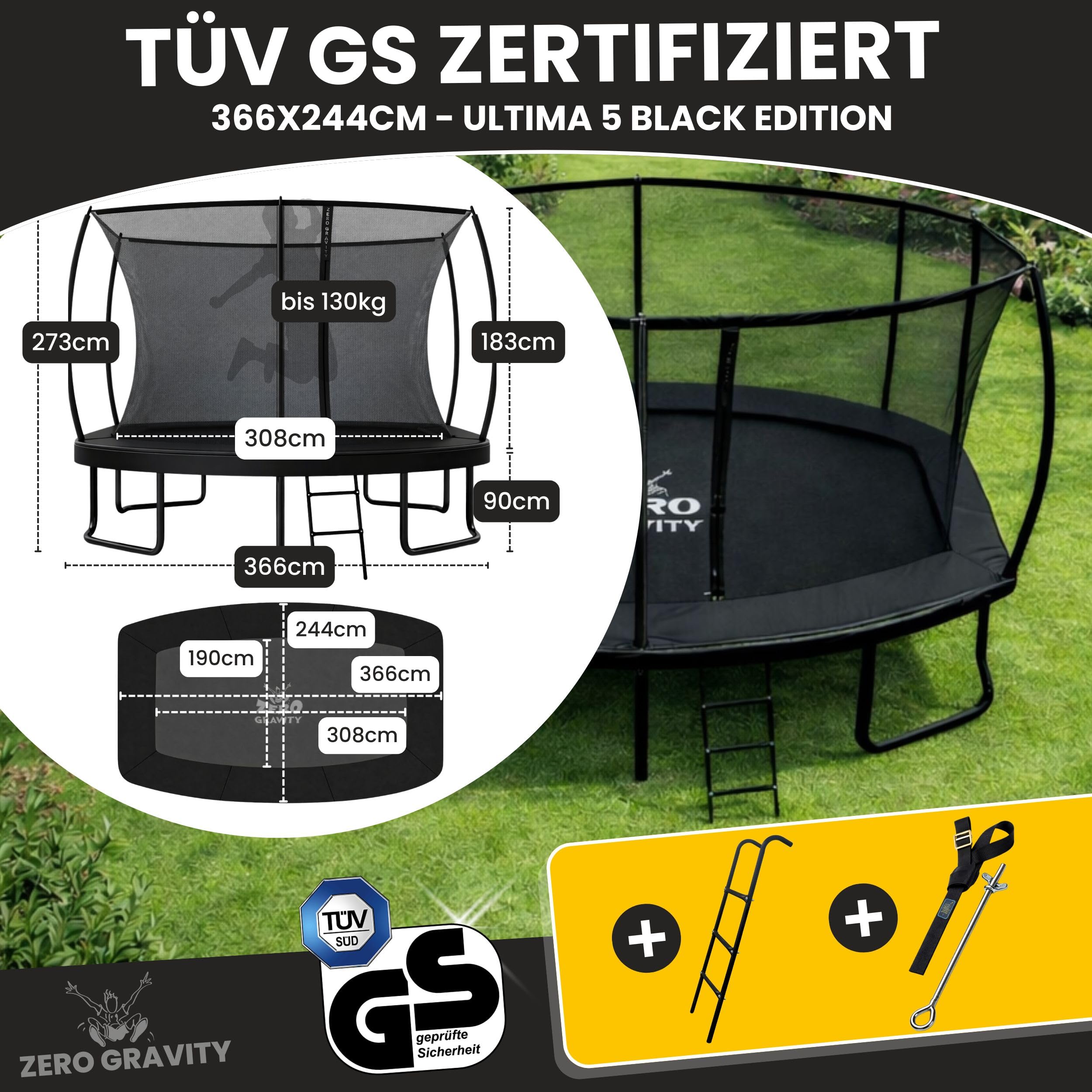 Zero Gravity Trampolin Outdoor oval, TÜV GS geprüft, Komplettset inkl. Leiter, Aufbauvideo, Outdoor Trampolin für Kinder & Erwachsene mit innenliegendem Sicherheitsnetz