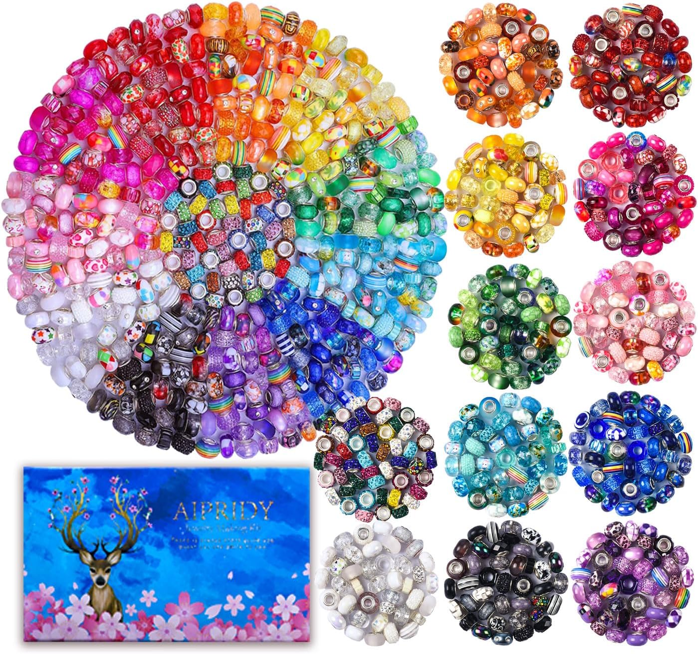 Aipridy 200 Pieces Assortment European Large Hole Beads Spacer Beads Rhinestone Craft Beads for DIY Charms Bracelet Jewelry Making (Rainbow)