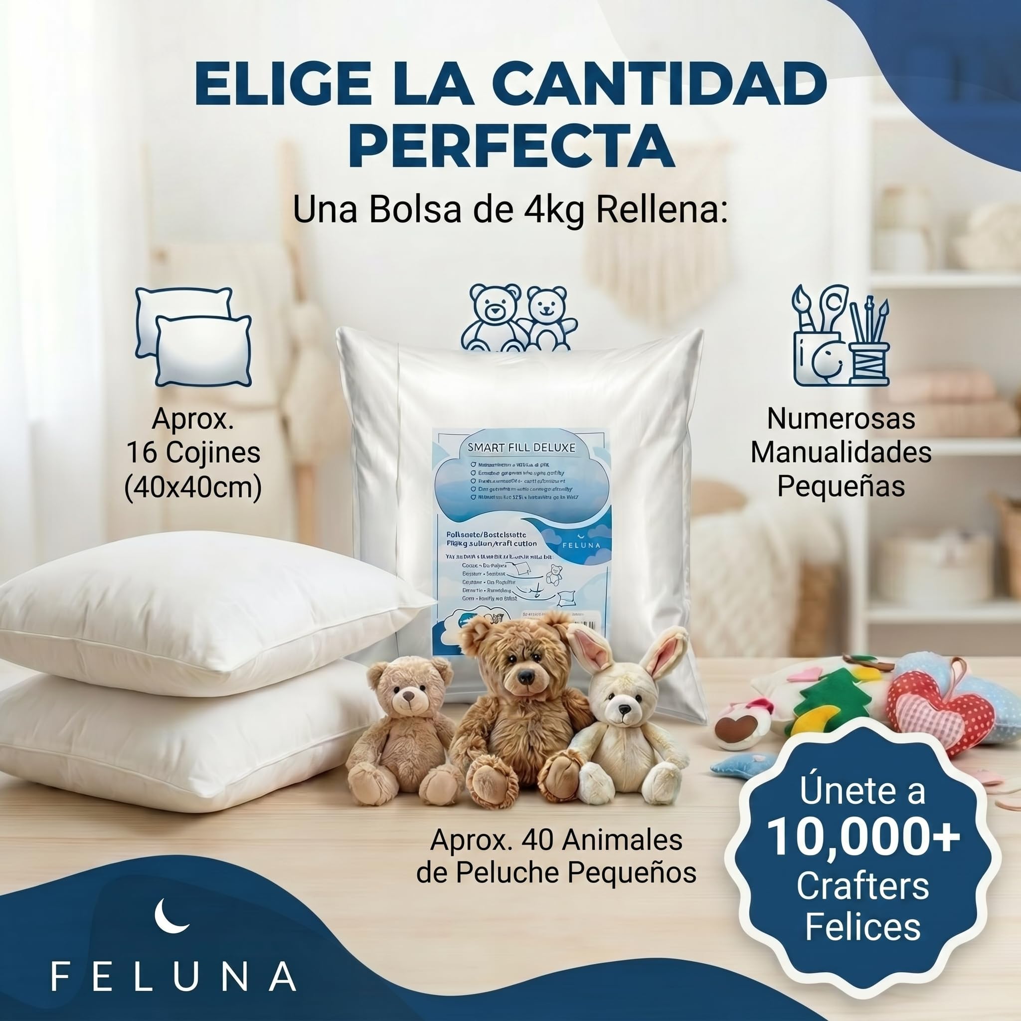 Guata de relleno para cojines; Material de relleno de poliéster esponjoso; Guata de relleno para cojines, peluches y manualidades; Certificado Oeko-Tex (4 kg)