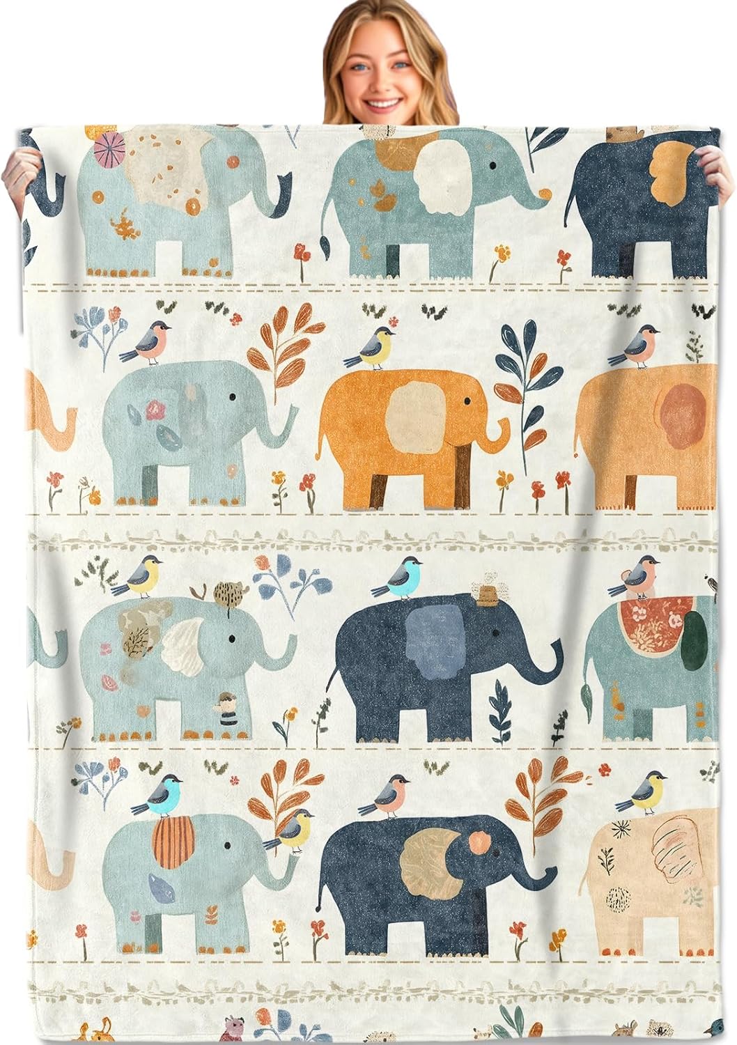 Colorful Elephant Throw Blanket,50x60in,Soft,Lightweight Flannel,Cute Birds Floral Retro Blankets - Gifts for Kids Women,for Couch Office Travel,Home Living Room Boho Decor