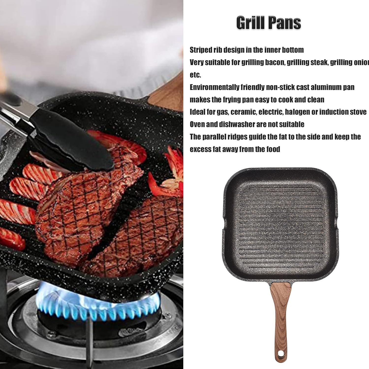 Grill Pan Frying Pan Aluminum Non Stick Fried Egg Cooker Pan Egg Frying Pan Frying Fast Heat Grill Pan Breakfast Pan, Handle for Cooking Ham Omelet Egg Muffins Bacon(24cm)