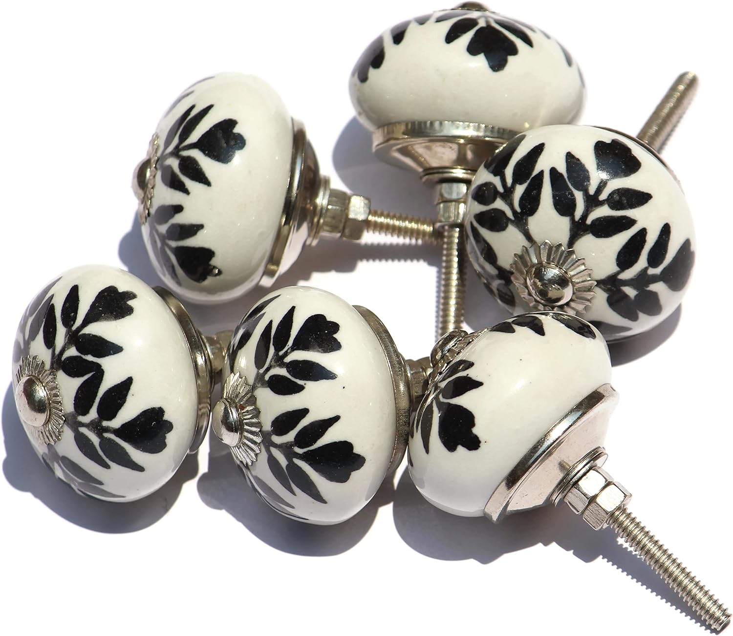 Set of 6 Unique Handmade Ceramic Knobs | Modern Drawer Knobs | Trendy Cabinet Door Knobs | Dresser Drawers - Countryside (Style 4, Black and White Flower Design)