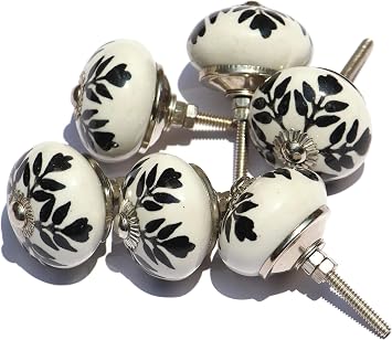 Set of 6 Unique Handmade Ceramic Knobs | Modern Drawer Knobs | Trendy Cabinet Door Knobs | Dresser Drawers - Countryside (Style 4, Black and White Flower Design)