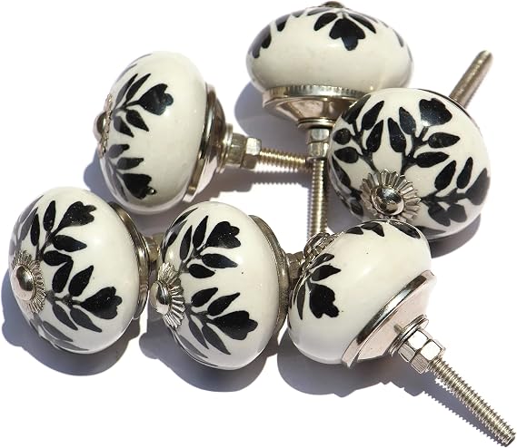 Set of 6 Unique Handmade Ceramic Knobs | Modern Drawer Knobs | Trendy Cabinet Door Knobs | Dresser Drawers - Countryside (Style 4, Black and White Flower Design)
