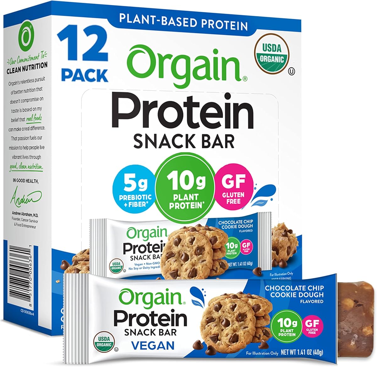 Orgain Organic Vegan Protein Bars, Chocolate Chip Cookie Dough - 10g Plant Based Protein, Low Calorie Healthy Snacks, No Lactose or Soy Ingredients, Gluten Free, Non-GMO - 1.41 Oz (Pack of 12) : Everything Else