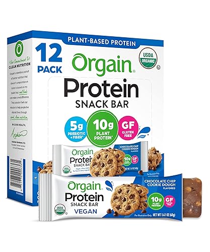 Orgain Organic Vegan Protein Bars, Chocolate Chip Cookie Dough - 10g Plant Based Protein, Low Calorie Healthy Snacks, No Lactose or Soy Ingredients, Gluten Free, Non-GMO - 1.41 Oz (Pack of 12) - Chocolate Chip Cookie Dough