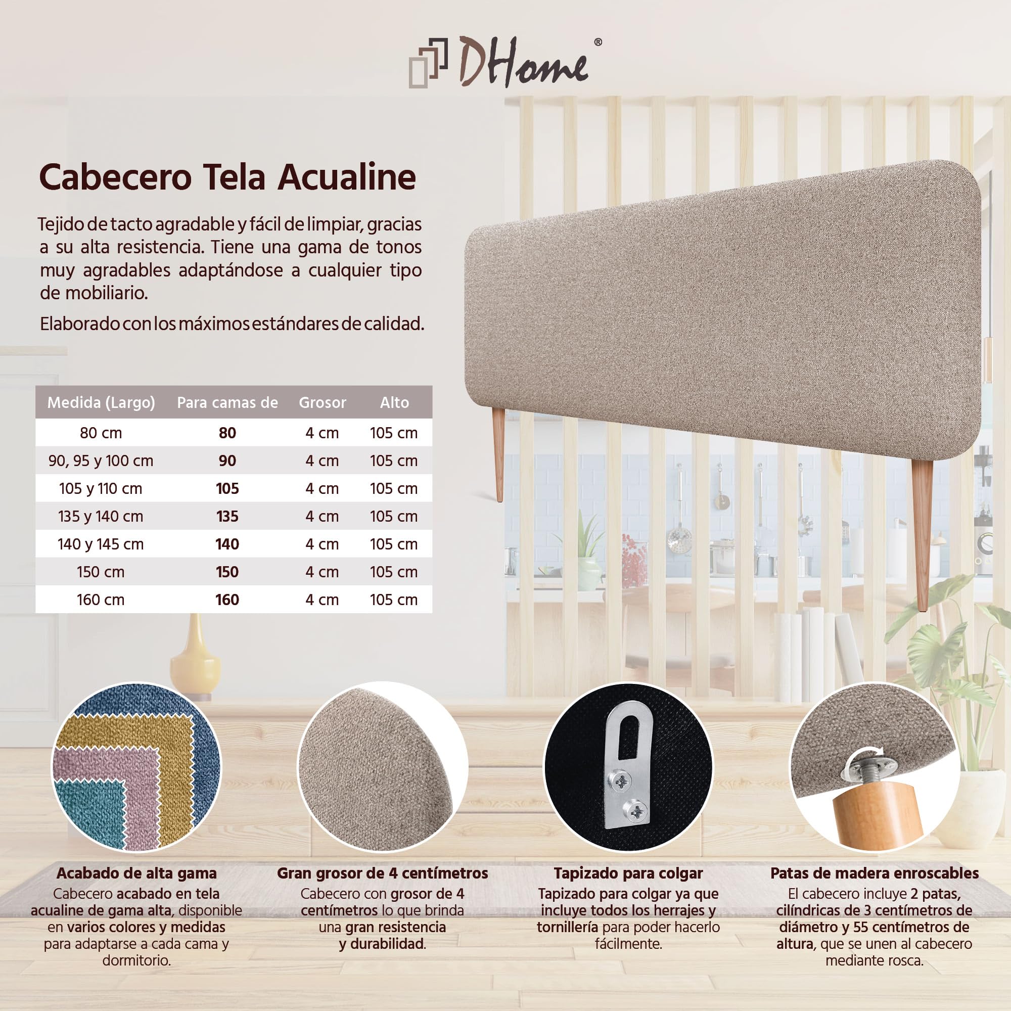 DHOME Tête de Lit Capitonnée Unie Arrondie en Tissu Aqualine avec Pieds pour Mur Têtes de Lit Acoustiques Absorbantes Tête de Lit Chambre à Coucher (Sable, 160cm)