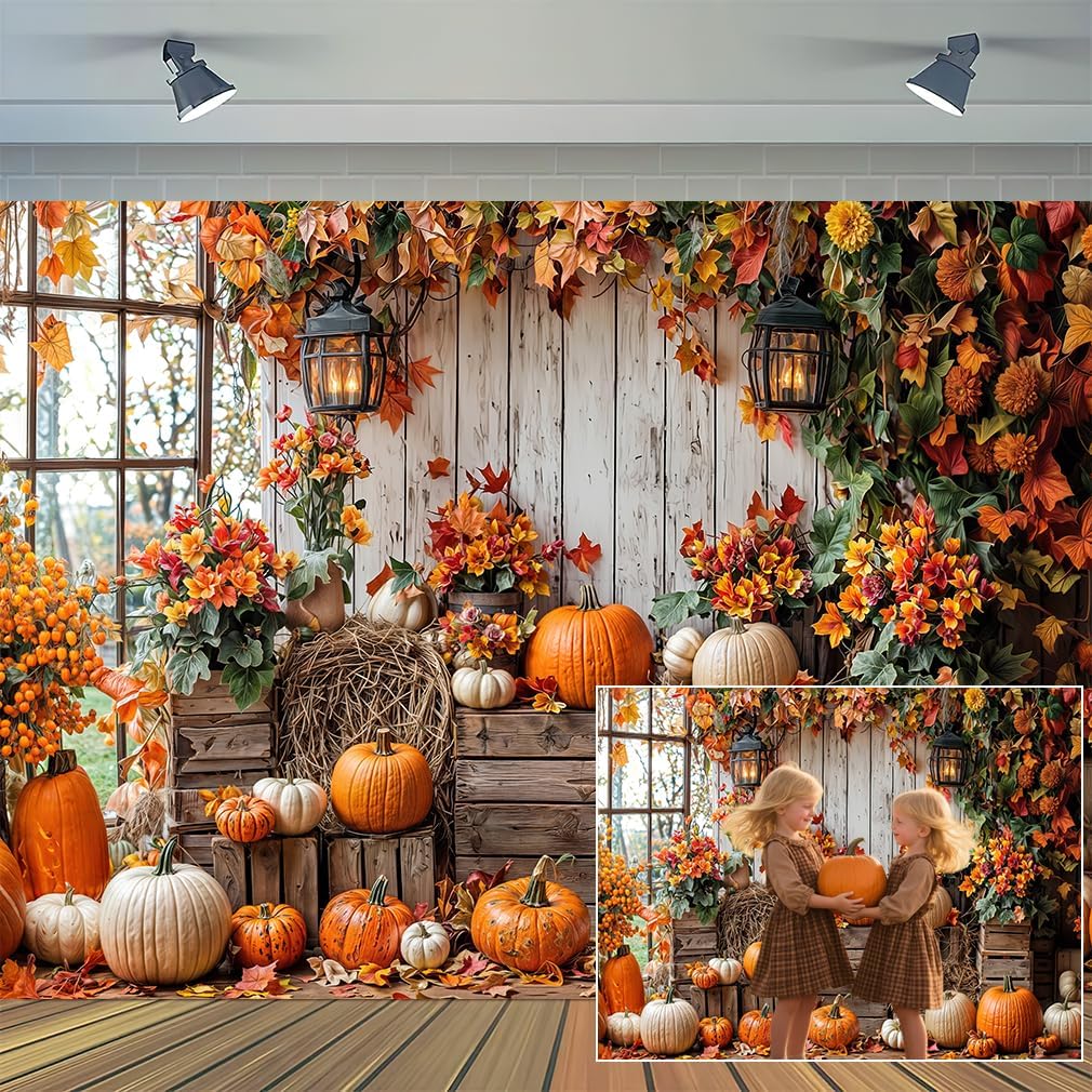 12x10ft Fall Backdrop Autumn Pumpkin Rustic Wooden Floor Barn Harvest Family Holiday Photo Background Maple Leaves Thanksgiving Photoshoot Portrait Photo Backdrops Decorations