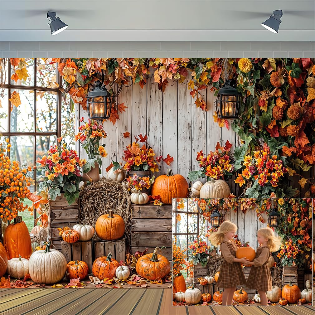 8 x 6 ft Fall Backdrop Autumn Pumpkin Rustic Wooden Floor Barn Harvest Family Holiday Photo Background Maple Leaves Thanksgiving Photoshoot Portrait