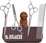 Dog Grooming Scissors Kit - Best Tools for Goldendoodles & Poodles- Straight, Curved & Thinning Shears - Golden Doodle Grooming Professional Grade Stainless Steel, 4 Pc Set (Long Silver)