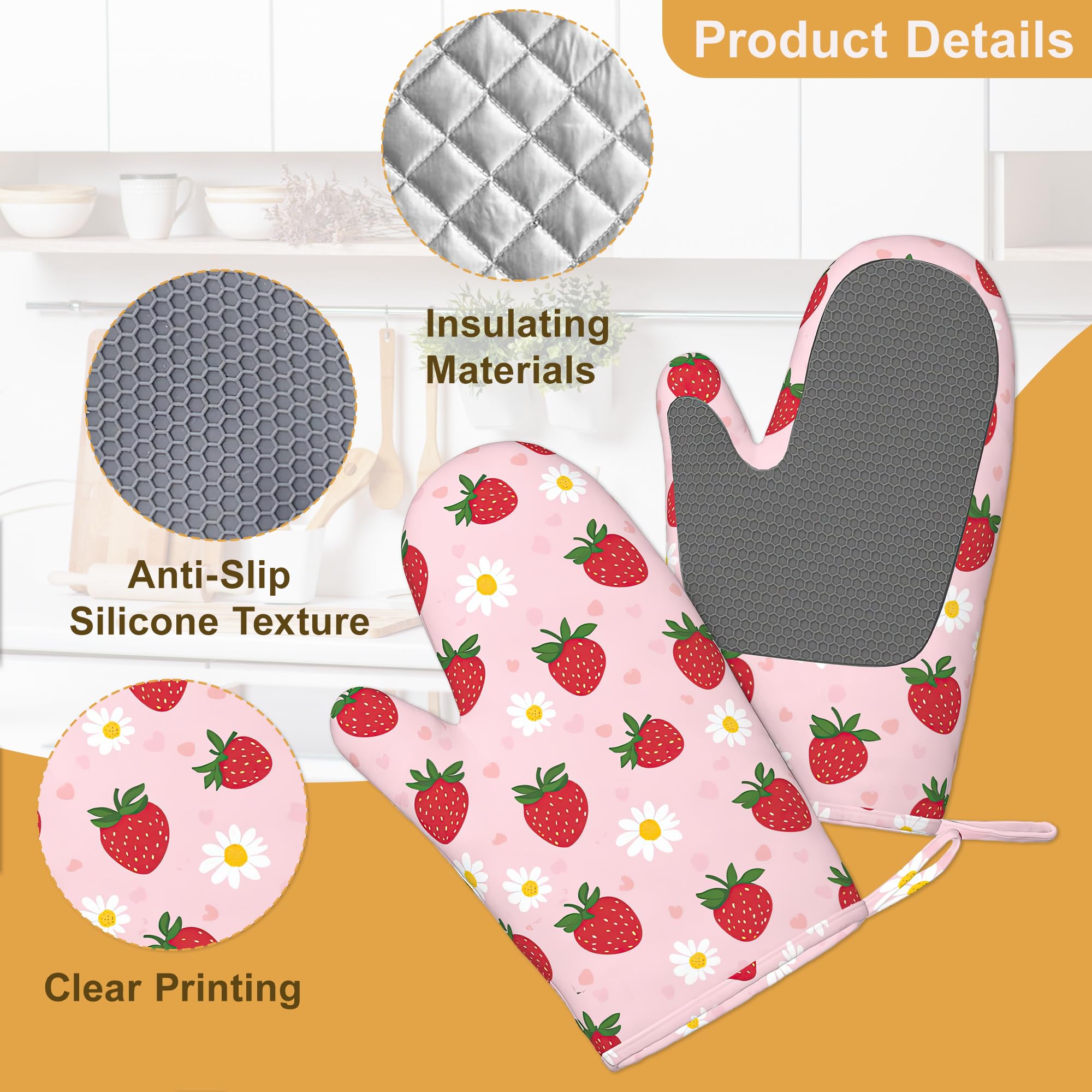 Juego de 4 manoplas de horno y soportes para ollas, diseño floral de fresa, guantes de cocina resistentes al calor con silicona antideslizante para hornear, cocinar, barbacoa