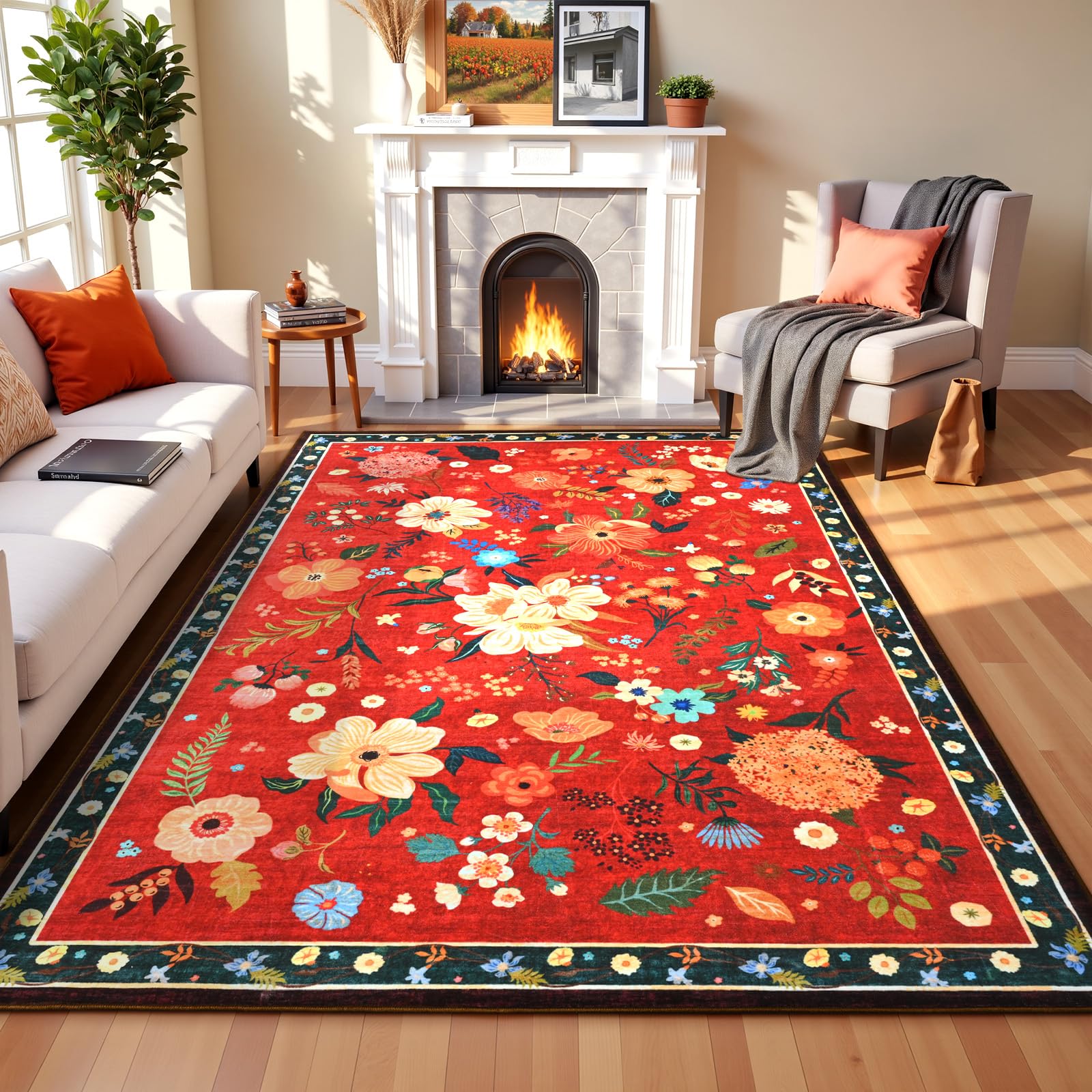 Terrug Floral Large Area Rug for Living Room, Washable 6x9 Red Christmas Rug Boho Ultra-Thin Carpet, Soft Non Slip Stain Resistant Vintage Rug for