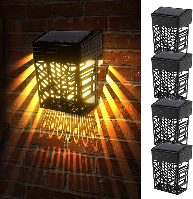 CestMall Solar Lights Outdoor Garden, 4 Pack Decorative Solar Wall Lights Waterproof Automatic Outdoor Wall Light, Solar Ornament Lights Outside for Garden Fence Door Yard Garage Patio Yard Pathway
