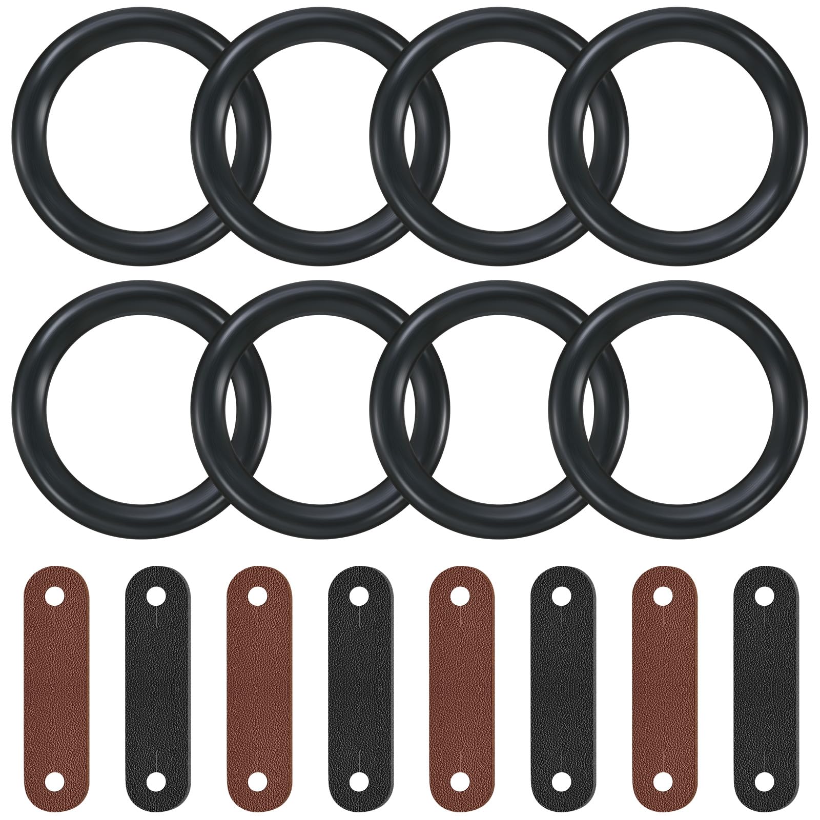 Soulchen 8 Pairs Stirrup Peacock Safety Rubber Rings & Leather Tabs Replacement Set for Peacock Stirrups Durable Replacement Rings Ideal for Equestrian Riding, Black, Light Reddish Brown