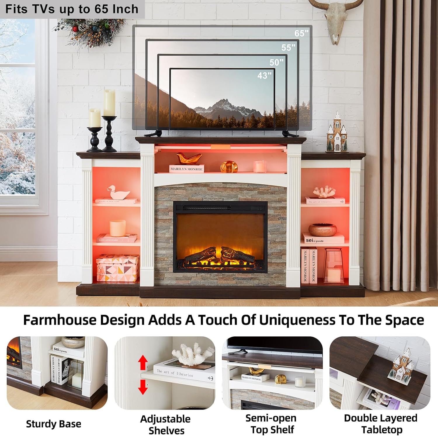 SAVOR LIFE Fireplace TV Stand for 80'' TV, 70" Electric Fireplace with Mantel, White Entertainment Center with Electric Fireplace & LED Lights, TV Console Fire Place TV Stands for Living Room