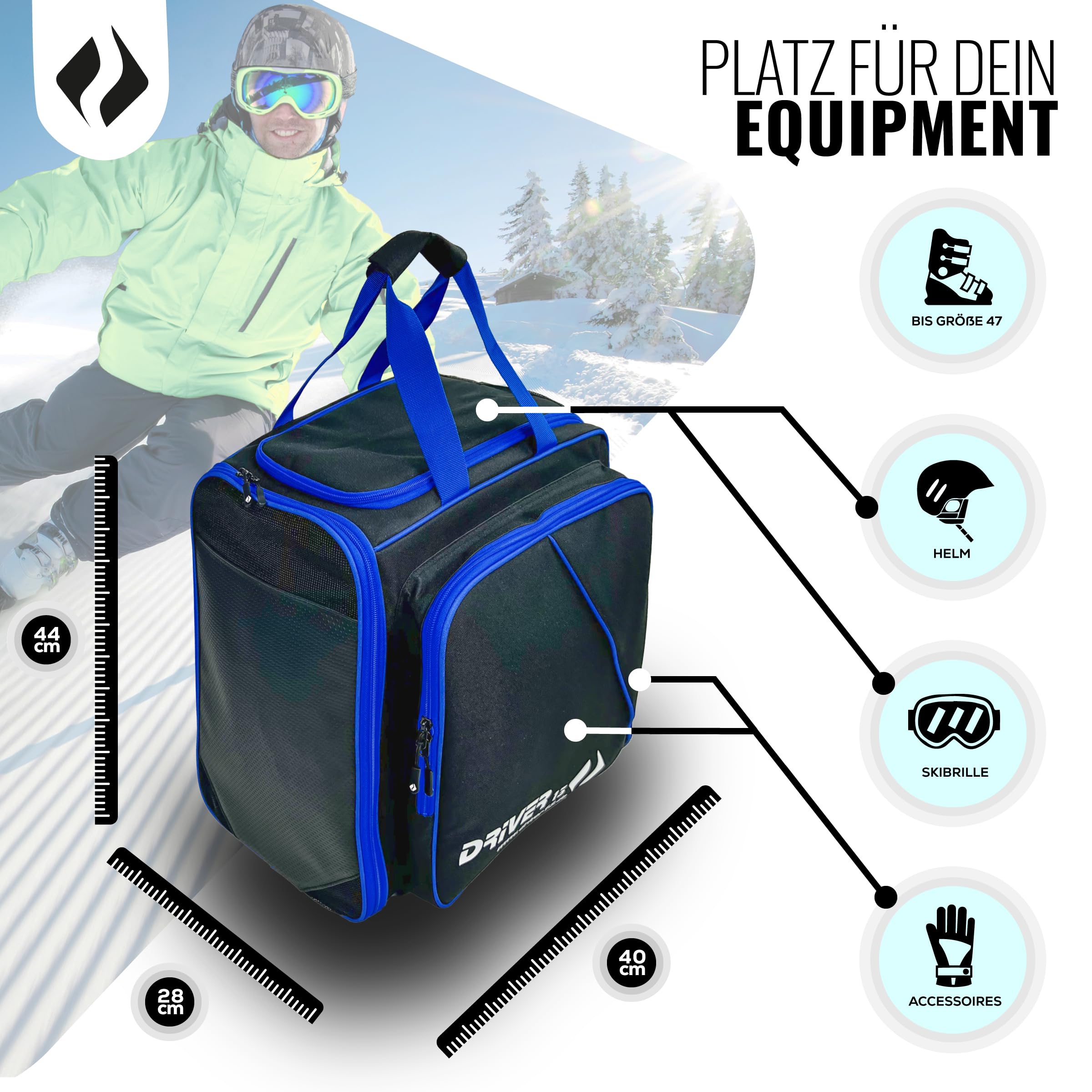 Driver13 ® Mochila para Botas de esquí con Compartimento para Casco + Mochila para Botas de esquí con Compartimento para Casco Duro + Botas de Snowboard + Bolsa para Botas Negro-Azul