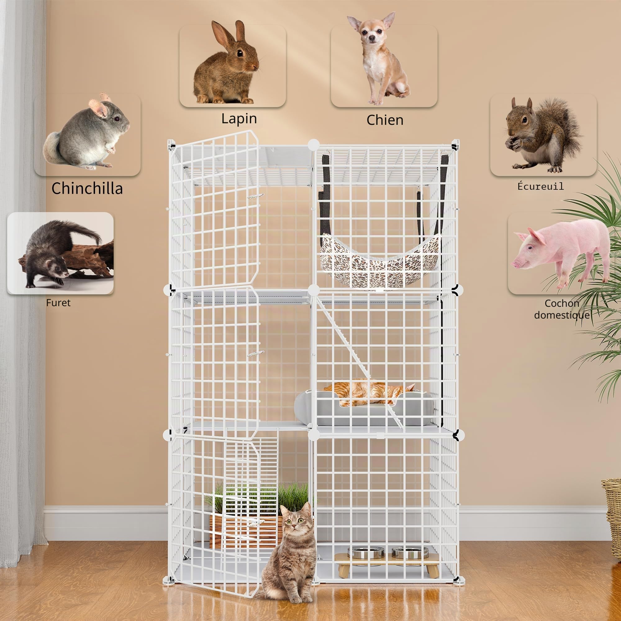 YITAHOME Cage d'intérieur pour Chat 3 Niveaux à Monter soi-même, Niche pour Chat avec Hamac Extra Large, 72 x 72 x 104 cm, Blanc