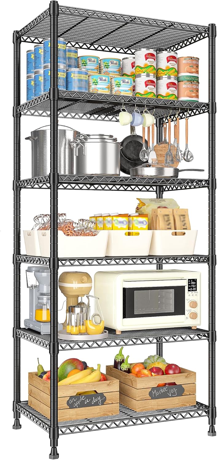 REIBII 6-Tier 72"H Adjustable Wire Shelving Unit Heavy Duty 1000lbs Garage Pantry Storage Shelves 24"W x 18"D