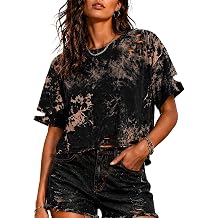 Hilinker Womens Tie Dye Distressed Crop Tops | Cropped, Short Sleeve, Casual, Ripped, Boxy, Gothic Shirts, Loose Tee, Concert, Punk, Streetwear, Music Festival, Night Out