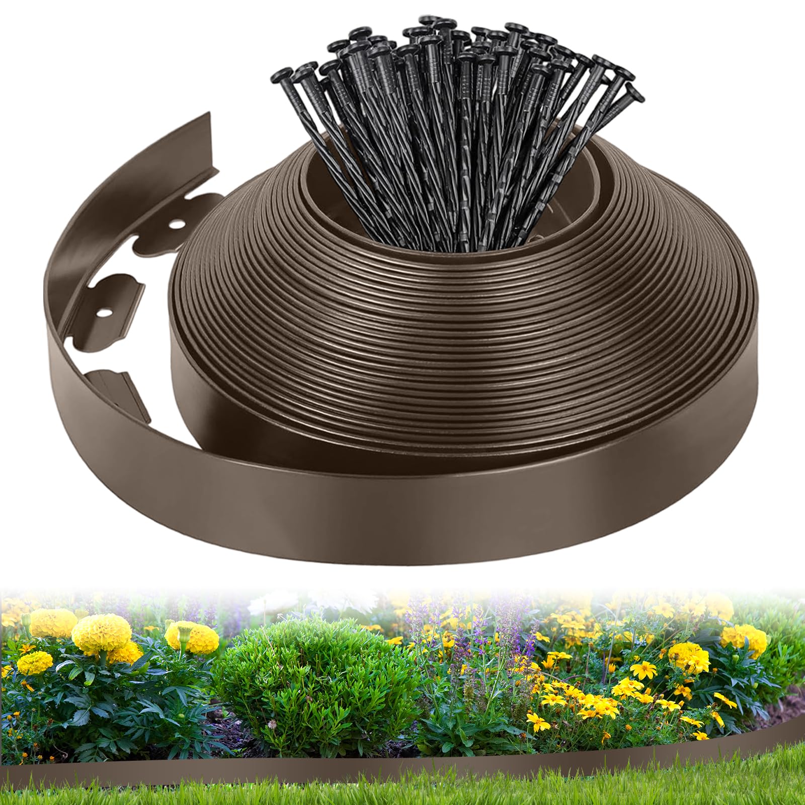 Bordes para Césped Flexible 10M x 5cm, Plástico Valla de Jardín con 50 Clavijas, Borde Delimitación para Césped para Jardine, Parterre, Camino de Patio, Marrón