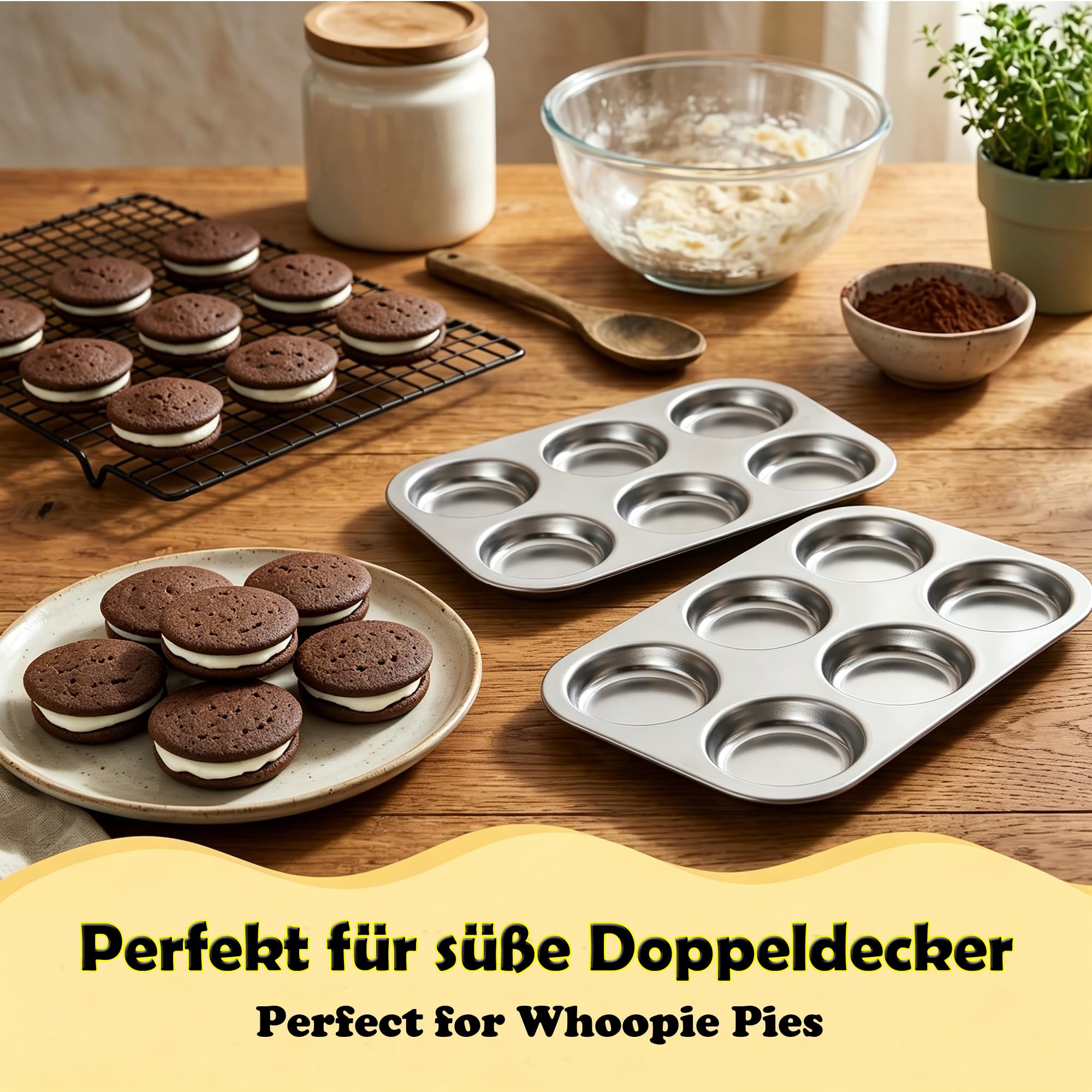 Joyfair Zestaw form do muffinów 2-częściowy, stal nierdzewna Płaska forma do pieczenia na 6 sztuk, 28 x 19 x 1,8 cm Forma do pieczenia na muffiny do Whoopie Pie, Yorkshire-Pudding, Babeczki