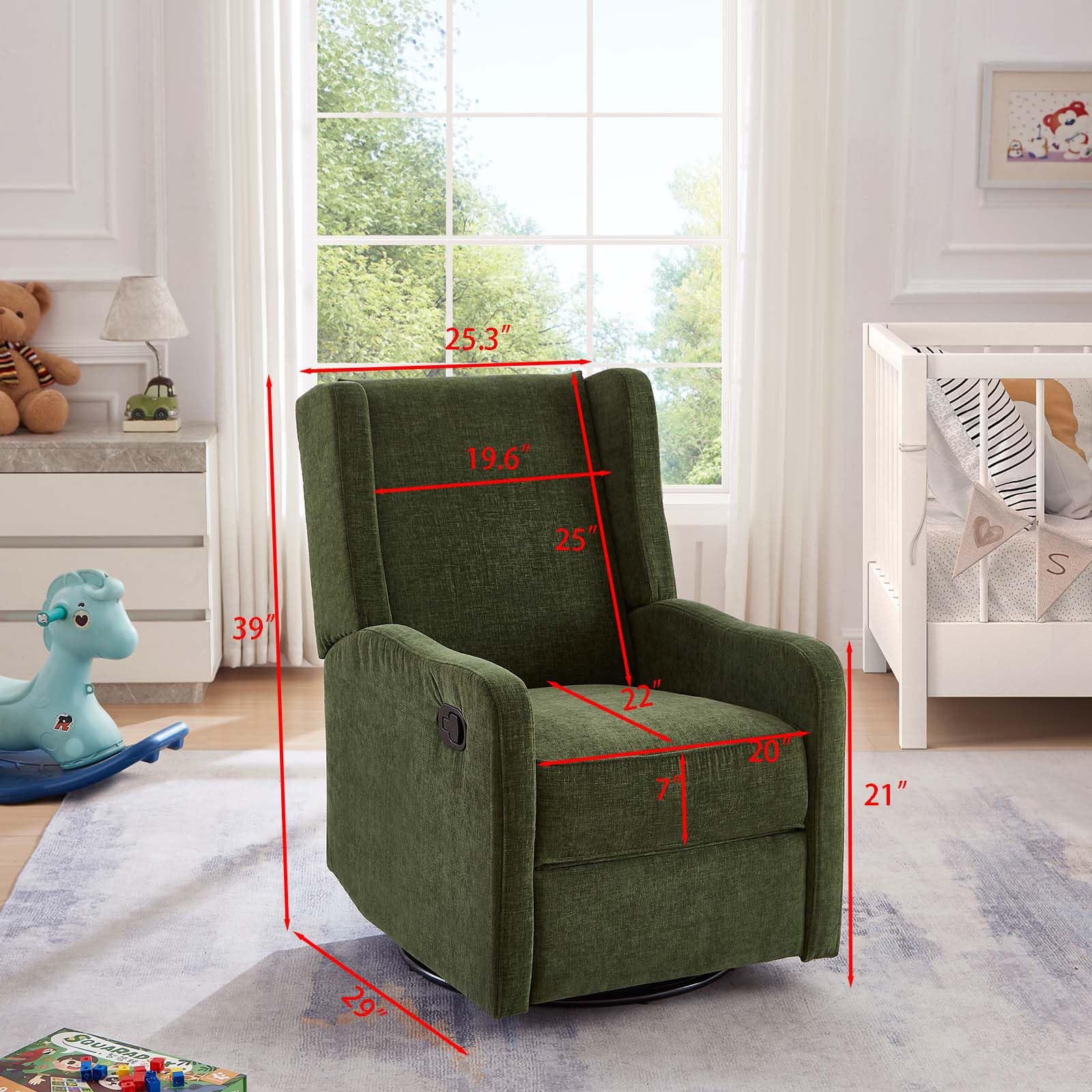 Nursery Glider Recliner Chair for Adults, Modern Swivel Rocker Recliners with Footrest, Comfy Chenille Rocking Chair Nursery for Living Room, Bedroom, Green