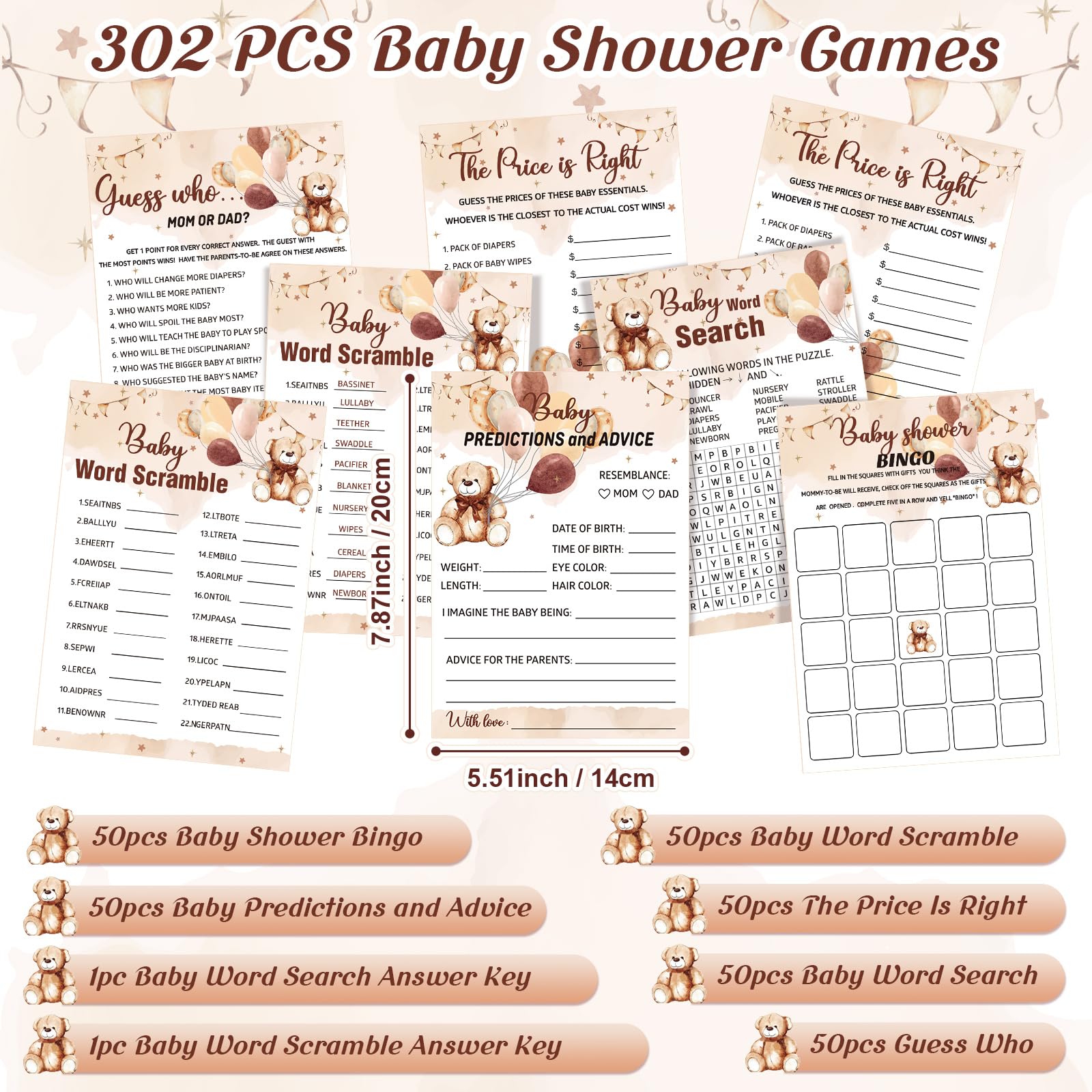 Jetec 302 Pcs Bear Baby Shower Games Set 6 Games Include Baby Shower Bingo Word Scramble Word Search Predictions and Advice The Price is Right Guess Who Mom or Dad(Brown Bear)