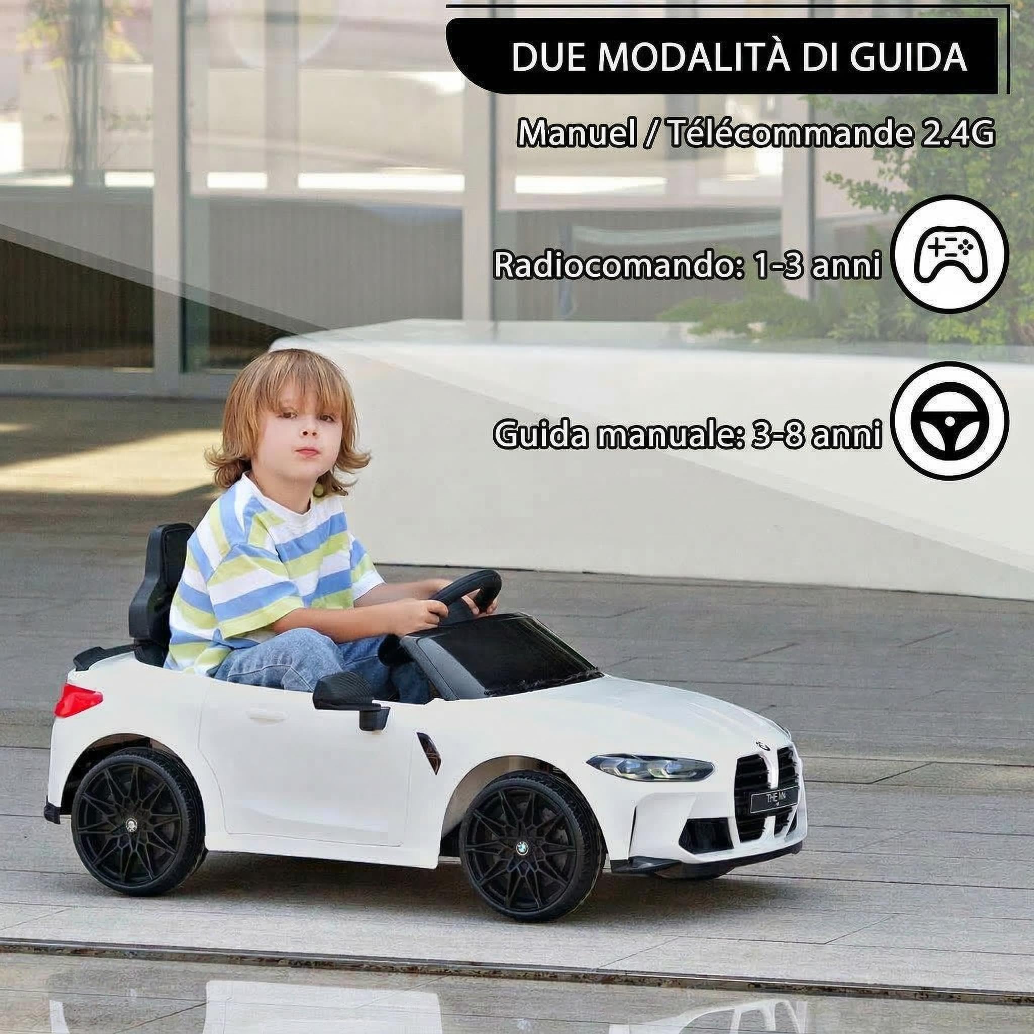 Macchina Elettrica per Bambini 3-6 Anni, BMW M4, Auto Elettrica Macchina 12V con Telecomando Parentale 2,4G, Luci LED, Suoni Realistici, Soft Start e Cintura di Sicurezza, Bianco