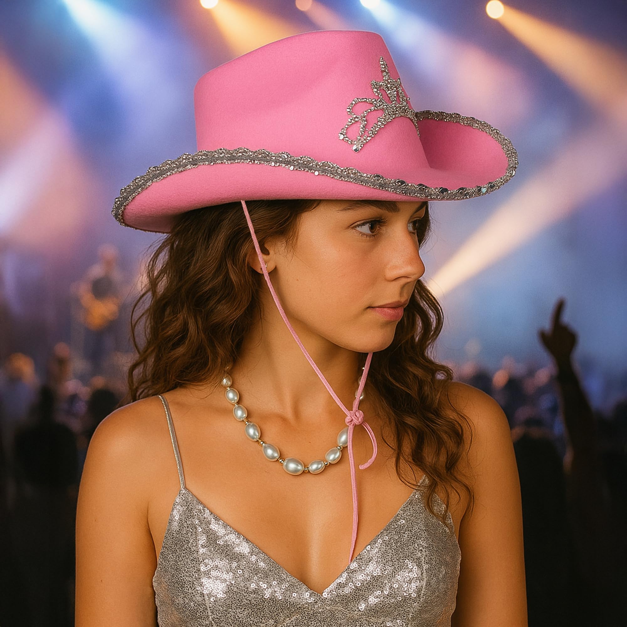 Navoys Pink Cowgirl Hat with Silver Tiara & Glitter Confetti Trim, Wide Brim - Image 4