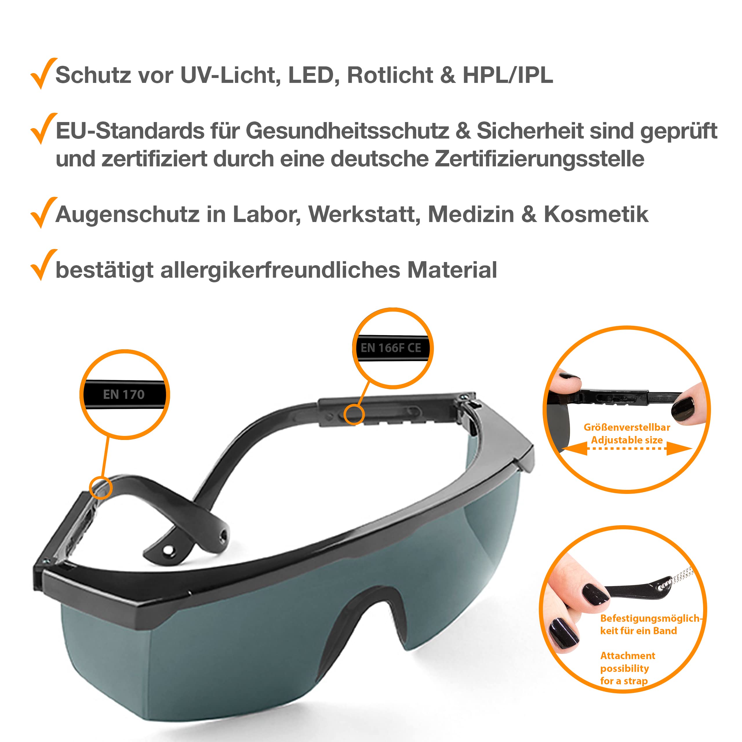 UV Pulse Protect 700 PSA/PPE – UV Schutzbrille auch für Schutz vor Rotlicht & IPL Haarentfernung I zertifizierter Augenschutz nach DIN 166, DIN 170 & ISO 12609, Arbeitsbrille mit Seitenschutz & Bügeln