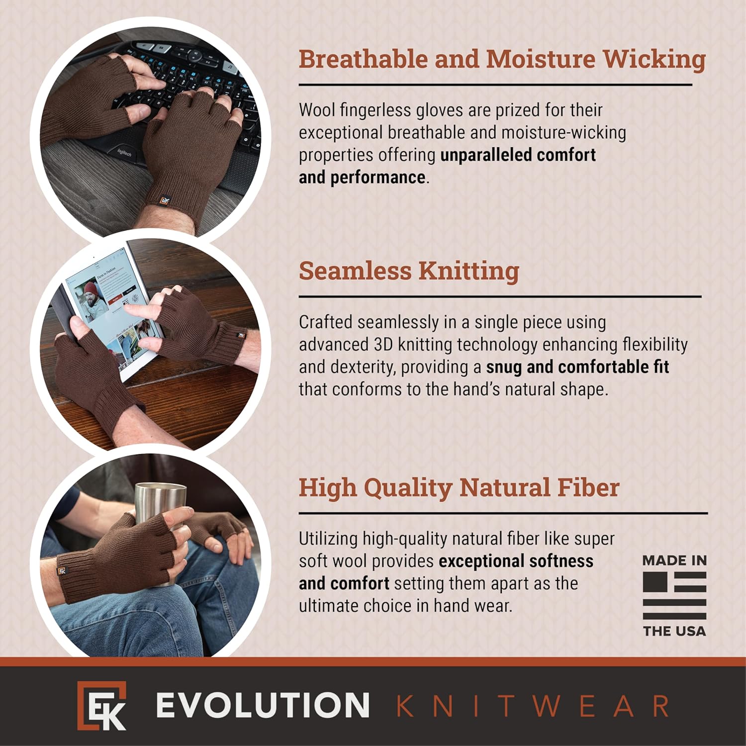 Evolution Knitwear Wool Knit Fingerless Gloves - Made in the USA - Super Soft Merino Wool - Large - Image 2