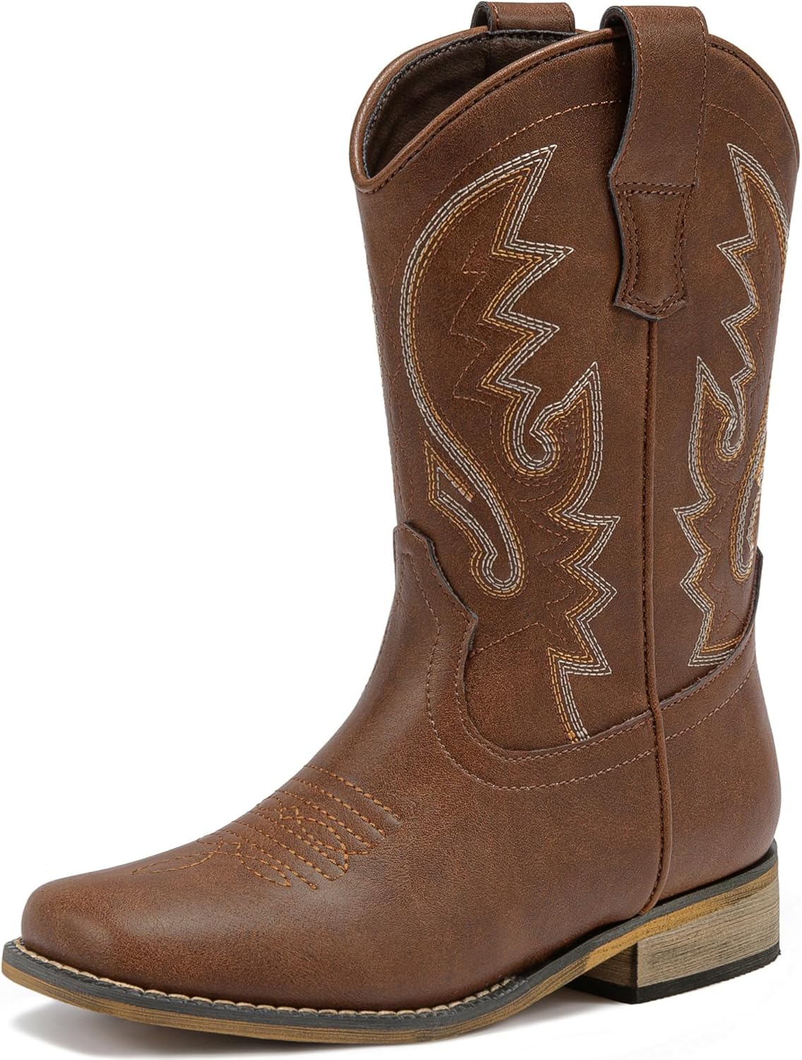 LAURMOSA Boys Cowboy Boots Western Square Toe Boots, Pull-On Mid Calf Embroidered Boots for Toddler Little Big Kid