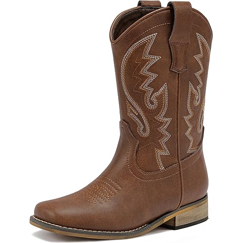 Boys Cowboy Boots Western Square Toe Boots, Pull-On Mid Calf Embroidered Boots for Toddler Little Big Kid