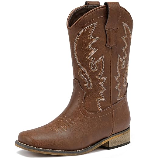LAURMOSA Boys Cowboy Boots Western Square Toe Boots, Pull-On Mid Calf Embroidered Boots for Toddler Little Big Kid