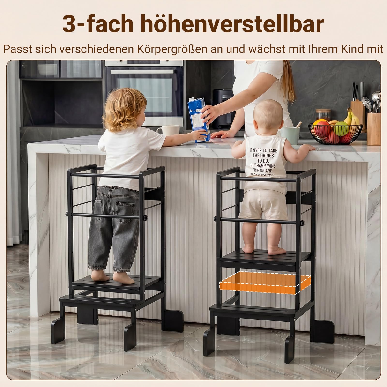 COSYLAND Lernturm ab 1 Jahr Montessori Learning Tower Stahl Stabil, Schwarz | Stabiler Toddler Tower mit 4 Stützfüßen & Rutschschutz. 3-fach höhenverstellbar für Kinder ab 2 Jahren in Küche.