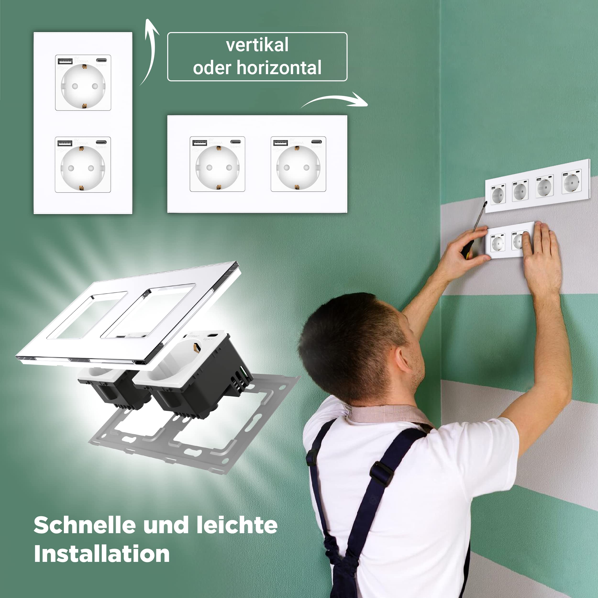 PULSAR Steckdose Unterputz mit USB-C, A 4-Fach Weiß Glas - Dose mit 20W Schnellladegerät 16A mit Kindersicherung 299x86mm