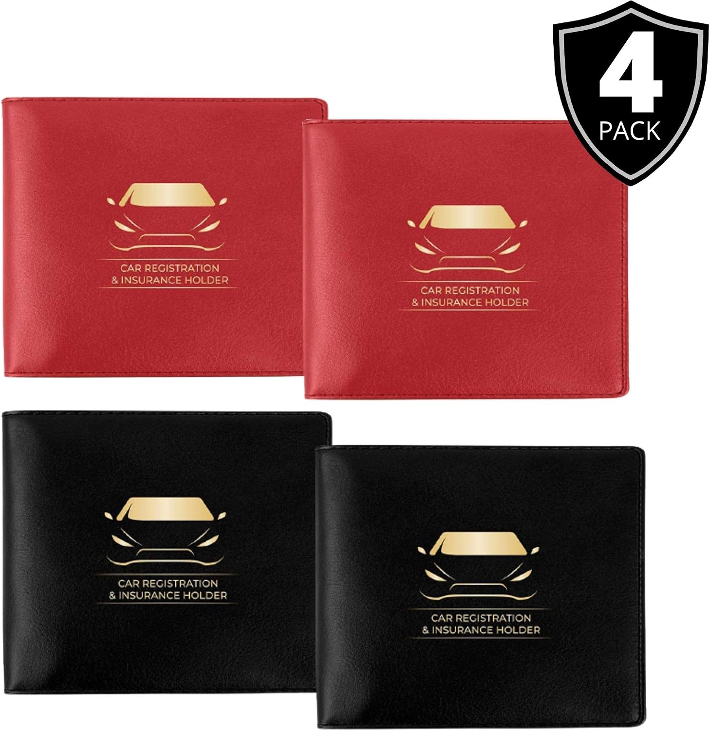 Performore Car Document Holder Wallets – Premium Organizer for Insurance and Registration Papers, 2 Clear Pockets with Strong Double-Sided Closure, Suitable for All Vehicles (4-Pack: 2 Black, 2 Red)