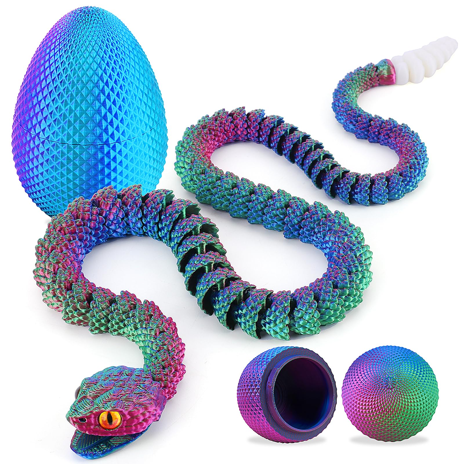 TBOLINE 3D Printed Snake Eggs, 21in 3D Print Flexible Articulated Animal Fidget Toys Pet Snake for Kids Teen Boy, Easter Egg Basket Essentials (Cool